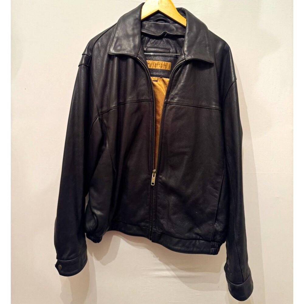 Marc New York Mens Black Leather Bomber Jacket Full Zip Lined Size L